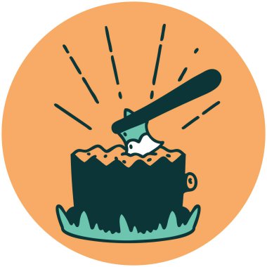 Ağaç kütüğündeki dövme stili baltanın simgesi