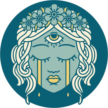 İkonik dövme stili. Ağlayan mistik üçüncü gözü olan kadın yüzü.