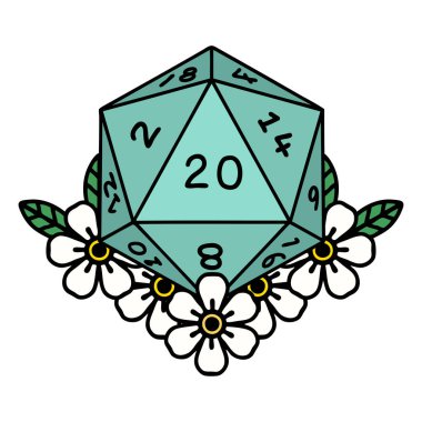 Retro Dövme Biçimi Doğal 20 D20 zarlar Çiçekli elementlerle yuvarlanır