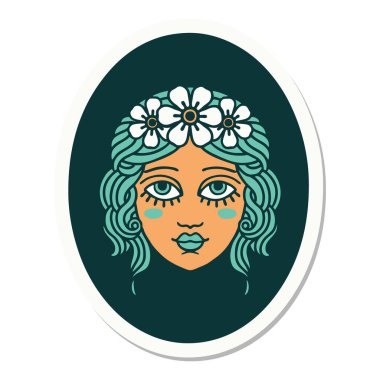 Saçında çiçekler olan bir bakirenin geleneksel stiliyle dövme çıkartması.