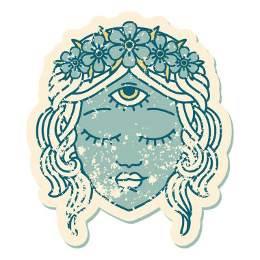 İkonik depresif dövme stili. Üçüncü gözü ve çiçek tacıyla kadın yüzü.