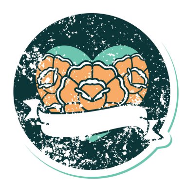 ikonik sıkıntılı dövme stili bir kalp ve çiçekli pankart