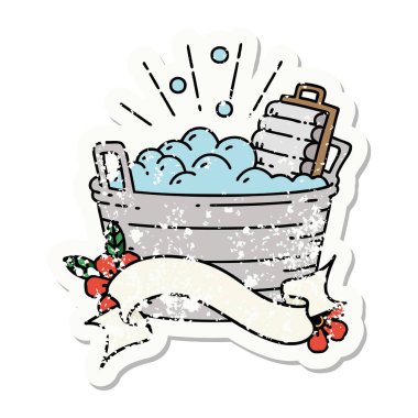 Dövme stili eski bir çıkartma eski bir çamaşır tahtası ve fırçalama kabı. 