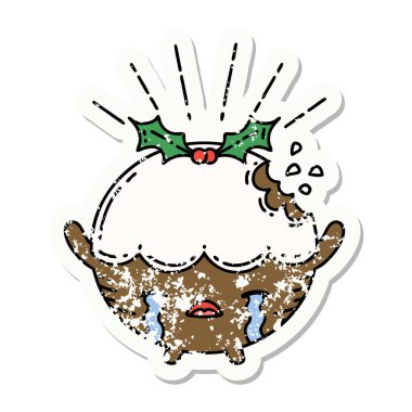 Dövme stili eski bir çıkartma. Noel pudingi karakteri ağlıyor.