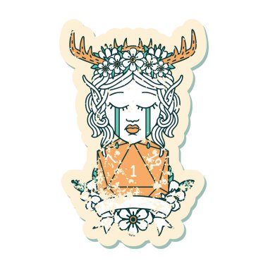 Retro Dövme Tarzı Üzgün Elf Karakteri Yüzü Doğal D20 Yuvarlak