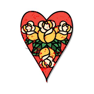 Geleneksel kalp ve çiçek stili dövmeli sıkıntılı etiket