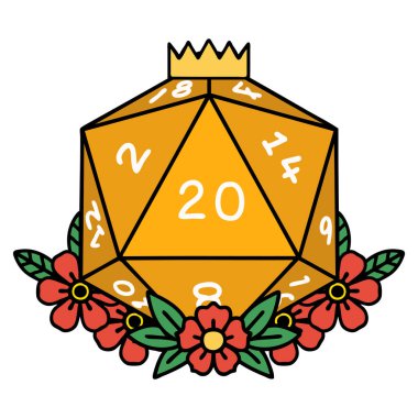 Retro Dövme Biçimi Doğal 20 D20 zarlar Çiçekli elementlerle yuvarlanır