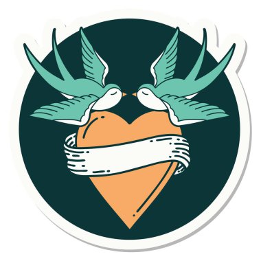 Geleneksel kırlangıç stili dövme çıkartması ve sancaklı bir kalp