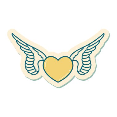 Kanatlı bir kalbin geleneksel stiliyle dövme çıkartması.