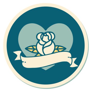 Dövme çıkartması geleneksel tarz bir kalp gülü ve bayrağı 