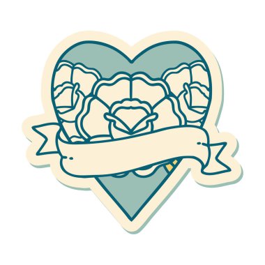 Geleneksel kalp stili dövme çıkartması ve çiçekli pankart.