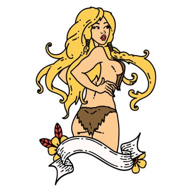 Geleneksel stil dövmeli pankartlı Viking kız dövmesi.