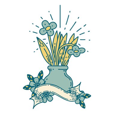 Vazoda dövme stili çiçekler olan kaydırma pankartı