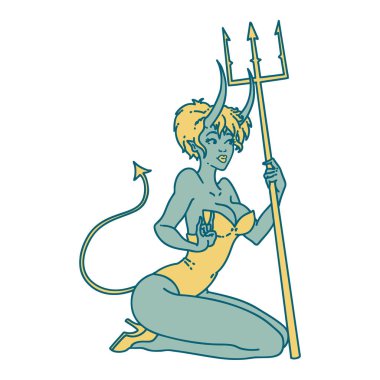 İkonik dövme stili Pinup şeytan kız imajı