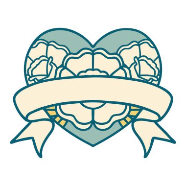 ikonik dövme stili bir kalp ve çiçekli pankart