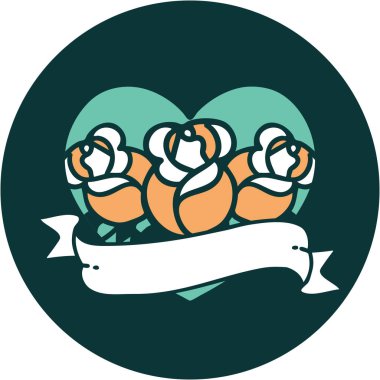 ikonik dövme stili bir kalp ve çiçekli pankart