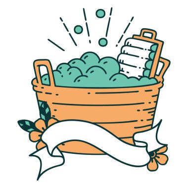 Dövme stili eski çamaşır tahtası ve fırçalama kabıyla parşömen afişi. 