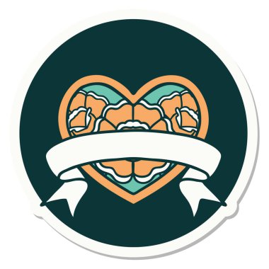 Geleneksel kalp stili dövme çıkartması ve çiçekli pankart.