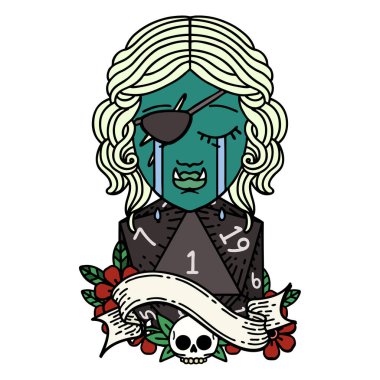 Retro Dövme Tarzı Ağlayan Ork düzenbaz karakter yüzü ve doğal bir D20 rulo