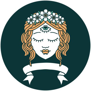 Üçüncü gözü ve çiçek tacıyla kadın yüzü sancağına sahip dövme stili simgesi