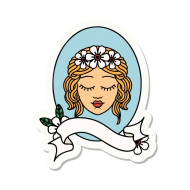 Dövme stili çıkartma, gözleri kapalı bir bakirenin sancağı.