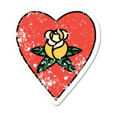 Geleneksel kalp ve çiçek stili dövmeli sıkıntılı etiket