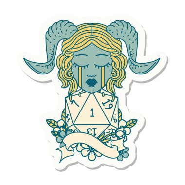 Ağlama etiketi. Doğal bir D20 rulo ile bağlanmış.