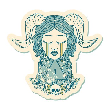 Doğal bir d20 zarla tutturulmuş hüzünlü bir etiketin grunge sticker 'ı