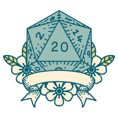 Retro Dövme Biçimi Doğal 20 kritik vuruş D20 zar atma