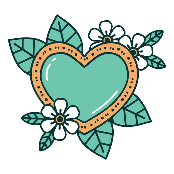 Image Emblématique Style Tatouage Cœur Botanique — Image vectorielle