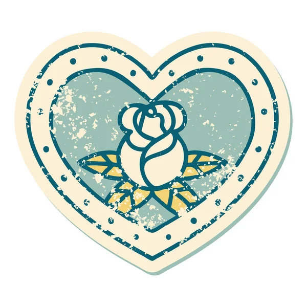 Εμβληματικό Αυτοκόλλητο Τατουάζ Στυλ Εικόνα Μιας Καρδιάς Και Λουλούδια — Διανυσματικό Αρχείο