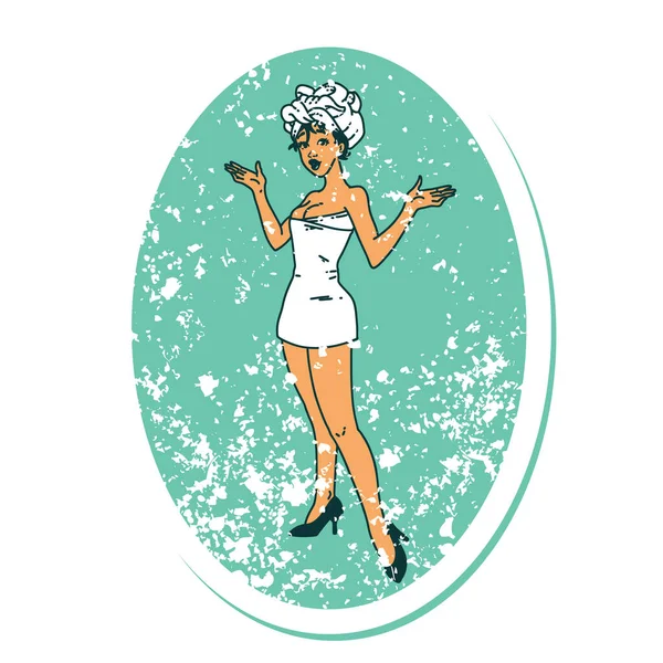 Tatuaje Pegatina Angustiado Estilo Tradicional Una Chica Pinup Toallas — Vector de stock