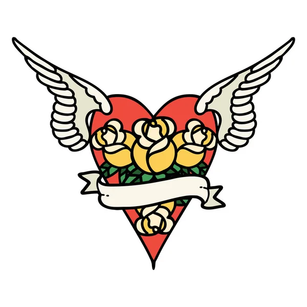 Татуировка Традиционном Стиле Летающего Сердца Цветами Баннером — стоковый вектор