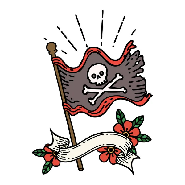 Scroll Banner Tattoo Style Waving Pirate Flag — Stock Vector