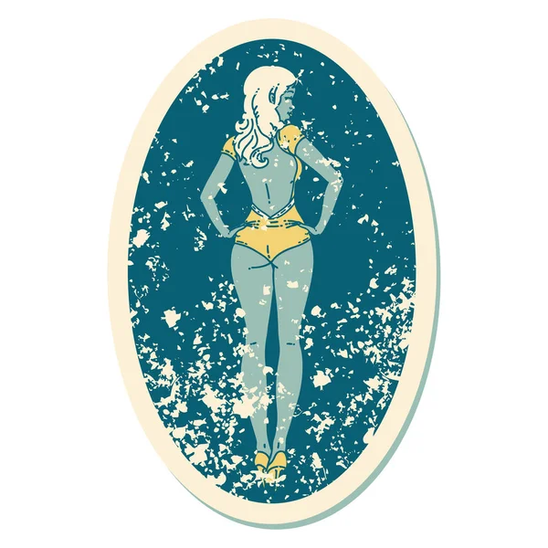 Distressed Sticker Tätowierung Traditionellen Stil Eines Pinup Badeanzugs Mädchen — Stockvektor