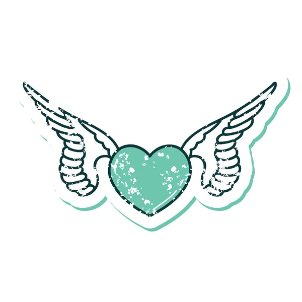 Image Emblématique Style Tatouage Autocollant Détresse Cœur Avec Des Ailes — Image vectorielle