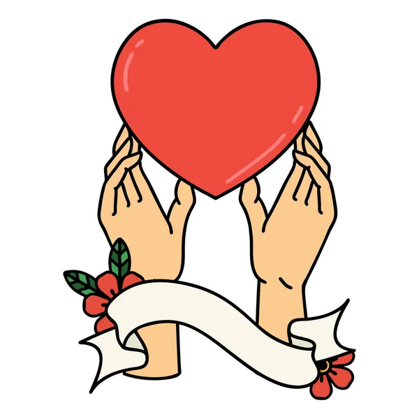 Tatouage Traditionnel Avec Bannière Mains Atteignant Cœur — Image vectorielle