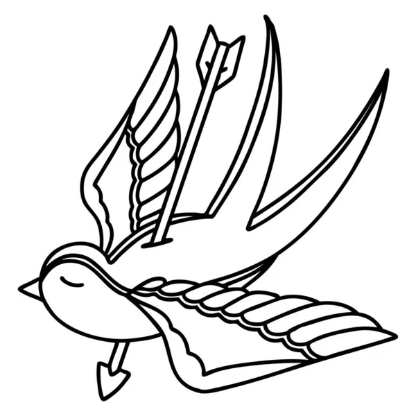 矢印で刺されたツバメの黒い線状のタトゥー — ストックベクタ