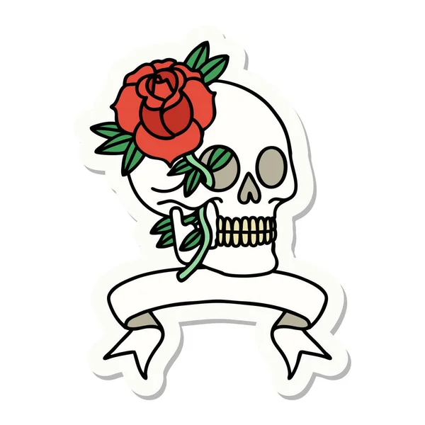 Autocollant Style Tatouage Avec Bannière Crâne Rose — Image vectorielle