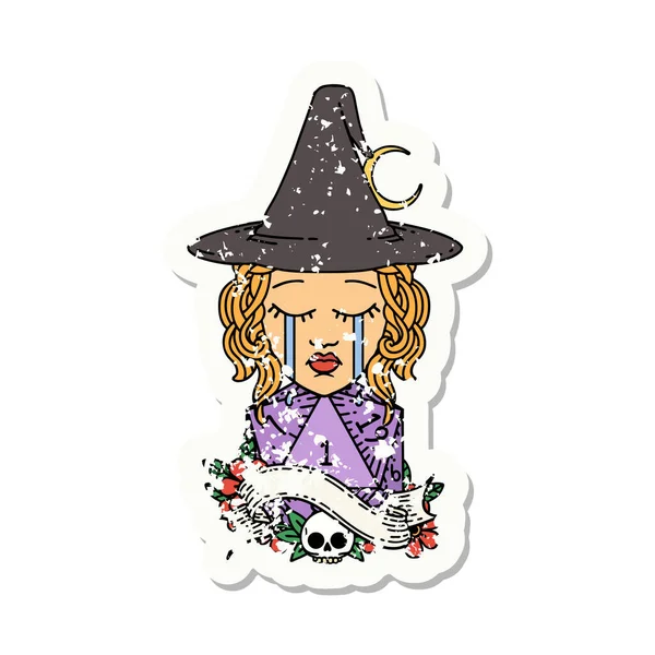 Grunge Sticker Crying Human Witch Natural D20 Roll — Stock Vector