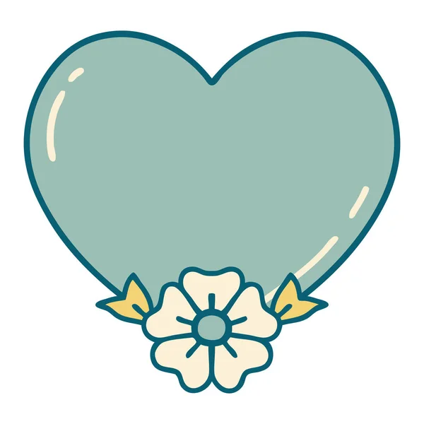 Image Emblématique Style Tatouage Cœur Une Fleur — Image vectorielle