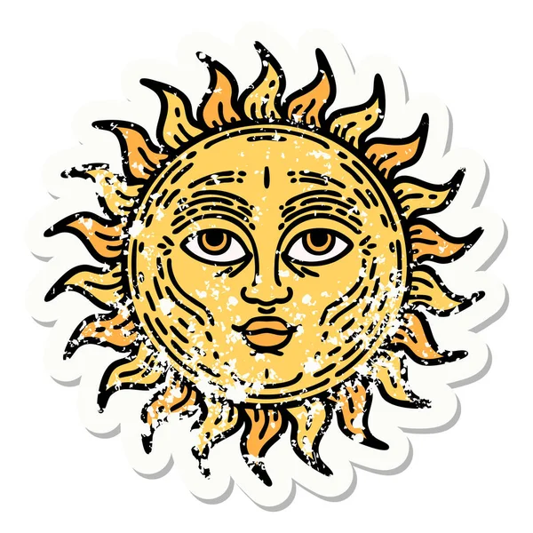 Tatuagem Adesiva Angustiada Estilo Tradicional Sol Com Rosto — Vetor de Stock