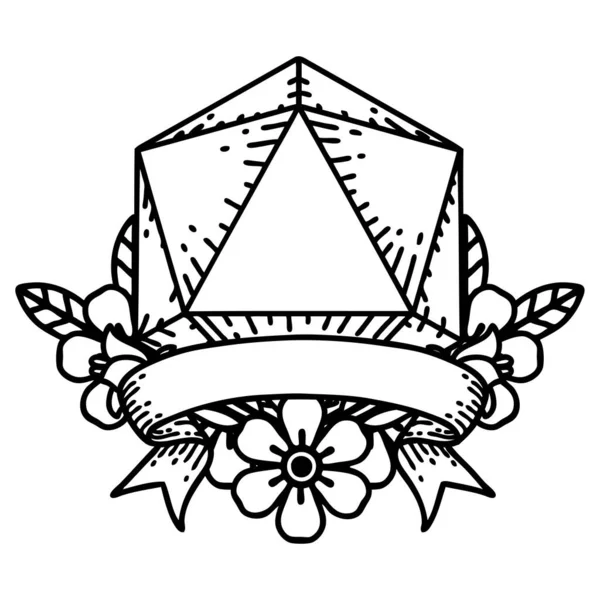 Blanco Negro Tatuaje Linework Estilo Natural Uno D20 Dados Rollo — Vector de stock