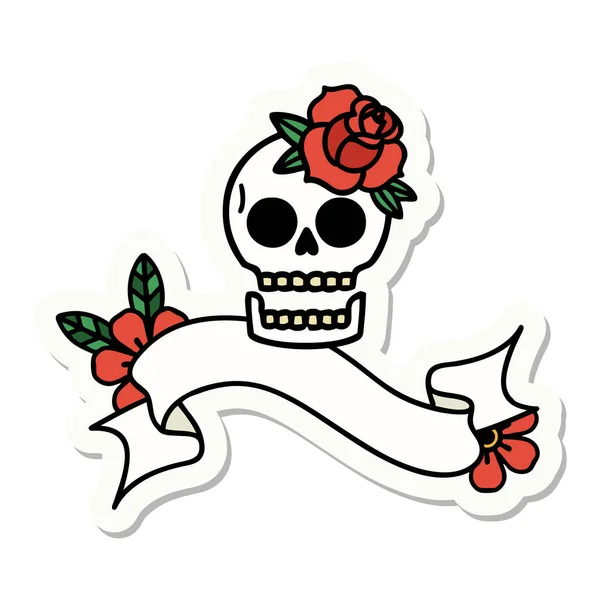 Autocollant Style Tatouage Avec Bannière Crâne Rose — Image vectorielle