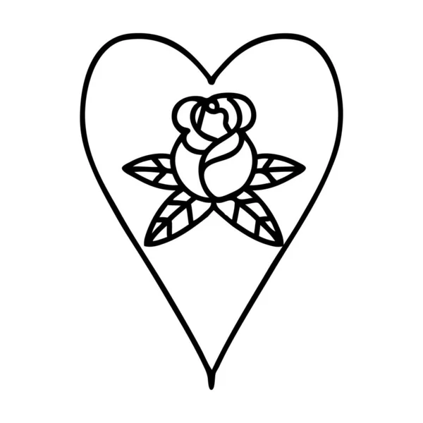 Tattoo Black Line Style Heart Flowers — Stock Vector
