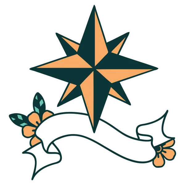 Традиционная Татуировка Знаменем Звезды — стоковый вектор
