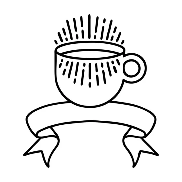 Traditionell Svart Linjetatuering Med Banner Kopp Kaffe — Stock vektor