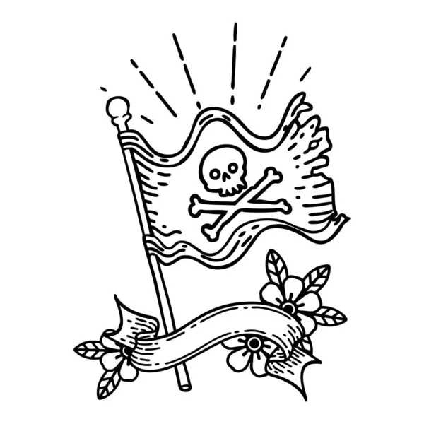 Прокрутка Банер Чорною Лінією Робота Татуювання Стиль Махаючи Піратським Прапором — стоковий вектор