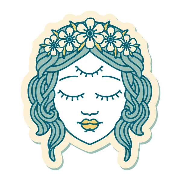 Autocollant Tatouage Dans Style Traditionnel Visage Féminin Avec Troisième Oeil — Image vectorielle