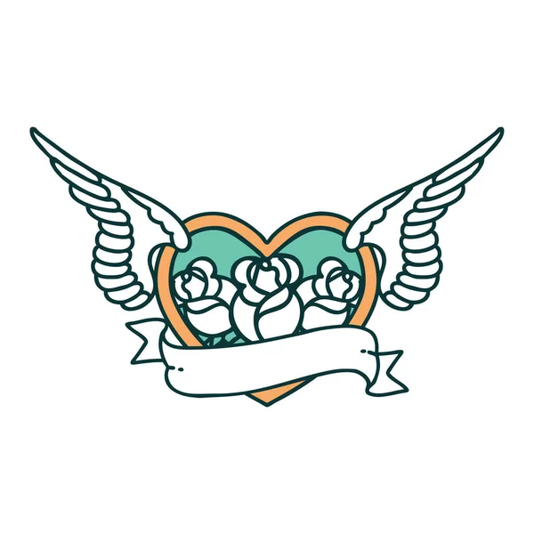 Ikonikus Tetoválás Stílus Kép Egy Repülő Szív Virágokkal Banner — Stock Vector